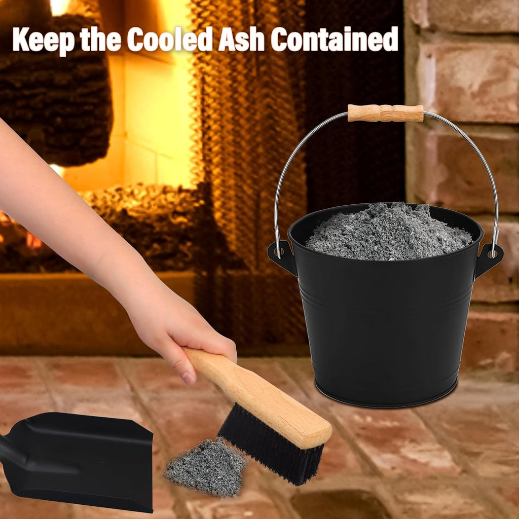 1.5 Gallon Ash Bucket for Fireplace with Lid, Shovel & Hand Brush - Small Heavy Duty Powder-Coated Galvanized Ash Can for Wood Stove, Pellet Stove, Fire Pit & Grill Cleanup Black