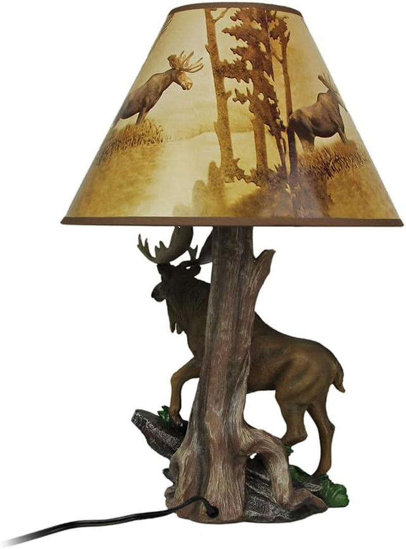 North American Bull Moose Table Lamp with a 12-Inch Diameter Forest Print Shade- Wildlife Decor - Perfect for Living Rooms, Cabins, and Bedrooms - 20 Inches Tall