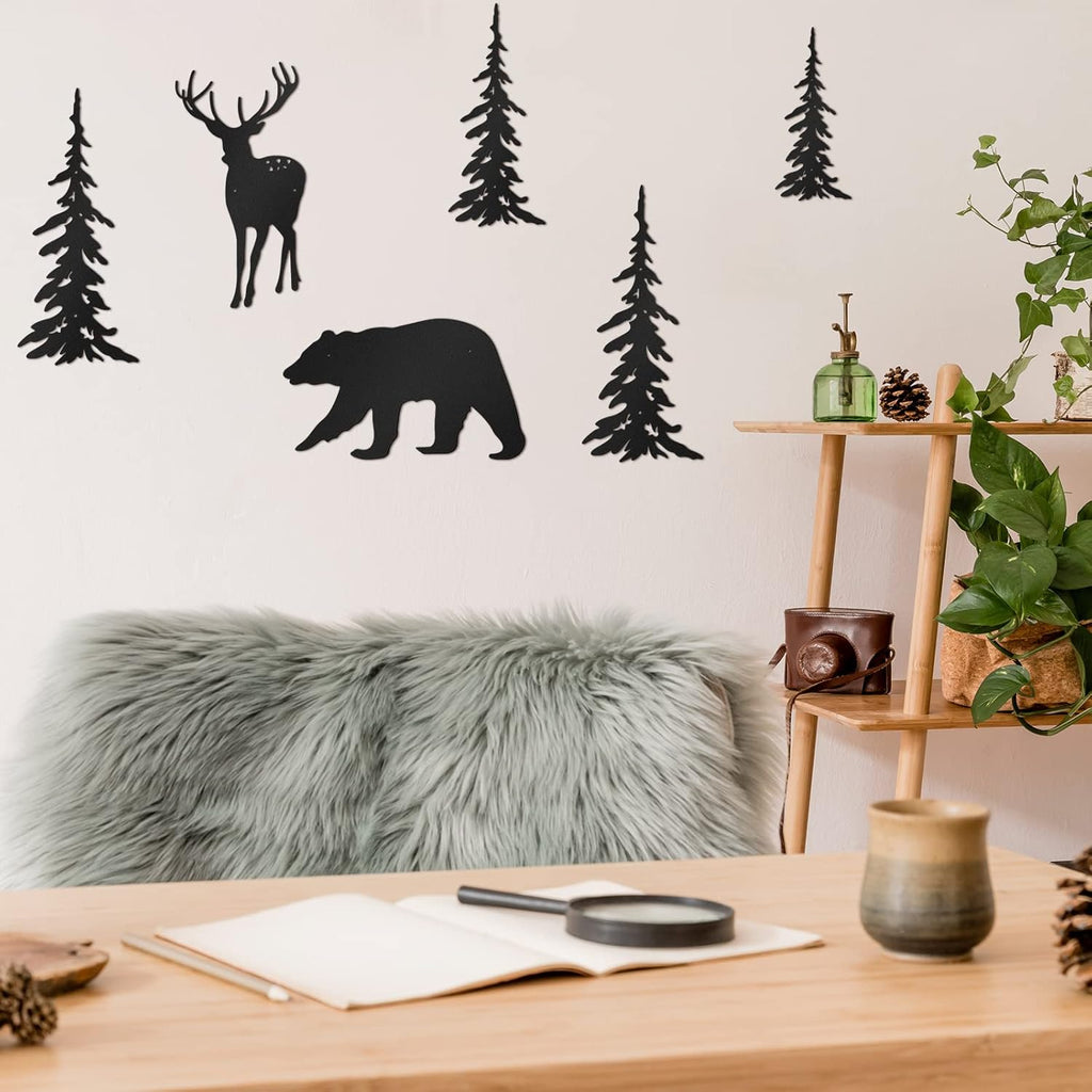 6 Pcs Metal Pine Tree Wall Art, Deer Bear Decor, Black