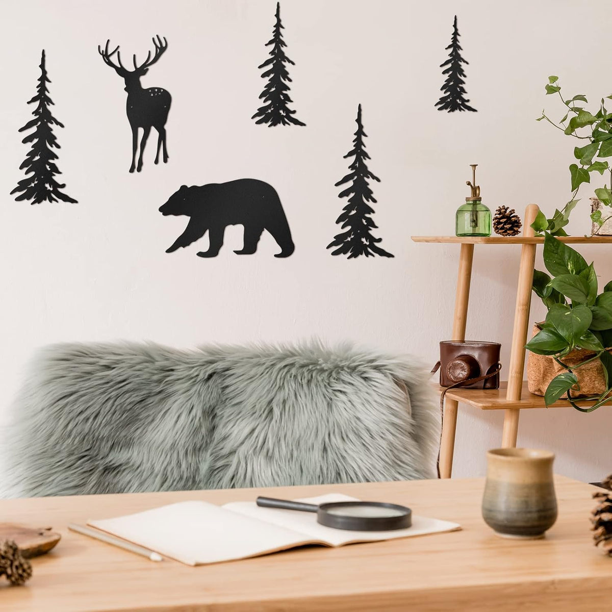6 Pcs Metal Pine Tree Wall Art, Deer Bear Decor, Black
