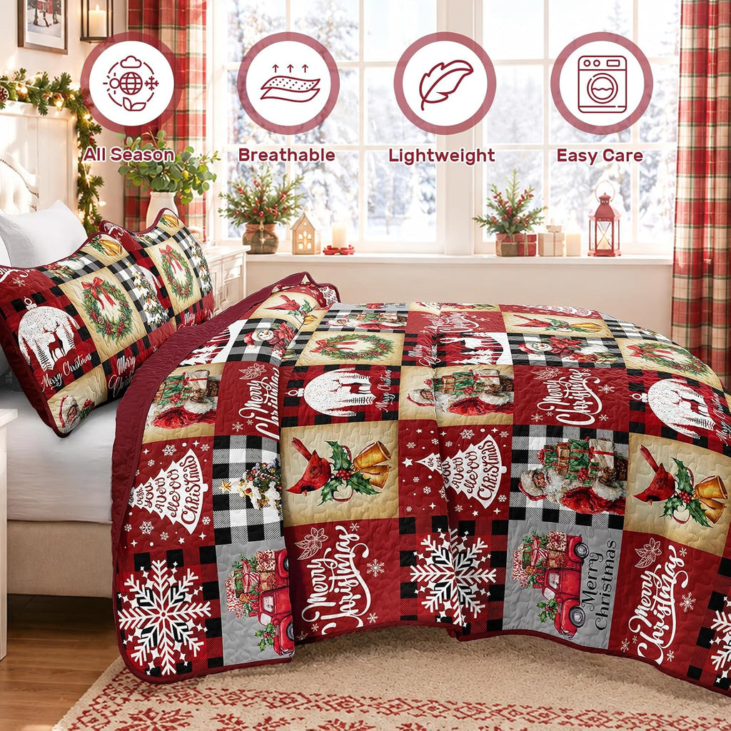 Christmas Quilt Set Queen Size, Red Black Buffalo Plaid Bedspread Coverlet