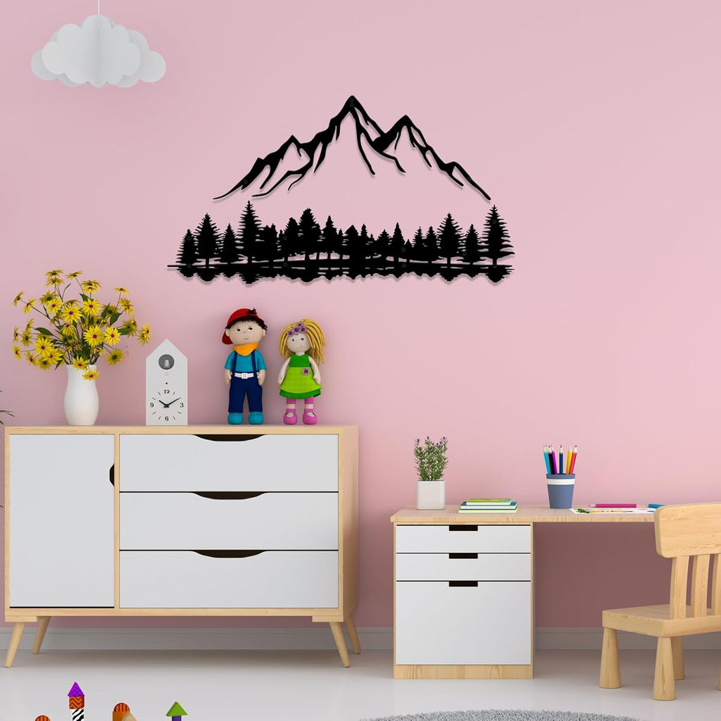 Metal Mountain Scene Wall Decor, Forest Line Drawing Art Sculpture