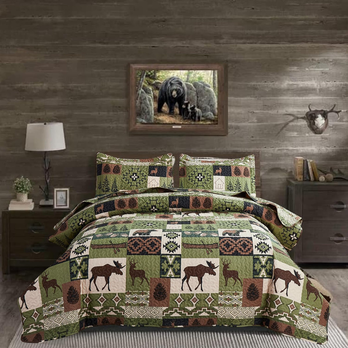 Rustic Quilt Set Queen Size Country Patchwork Quilt Bedding Home Lightweight Reversible Bedspread Rustic Bear Bedding Cabin Moose Forest Animal Coverlet