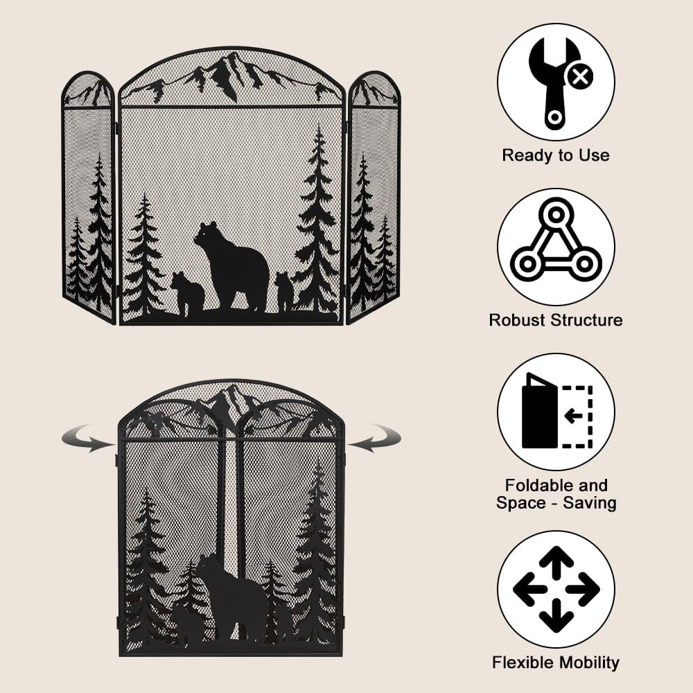 48" X 30" Fireplace Screen, 3 Panel Fire Place Cover for Living Room, Christmas Decoration Gate with Polar Bear for Brick Fireplace, Baby Proof, Pet Safety