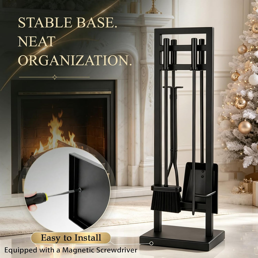 5-Piece Fireplace Tool Set, 30" One-Piece Stand, 10Mm Solid