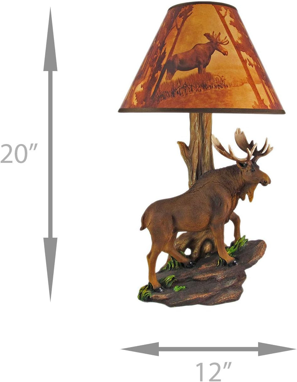 North American Bull Moose Table Lamp with a 12-Inch Diameter Forest Print Shade- Wildlife Decor - Perfect for Living Rooms, Cabins, and Bedrooms - 20 Inches Tall