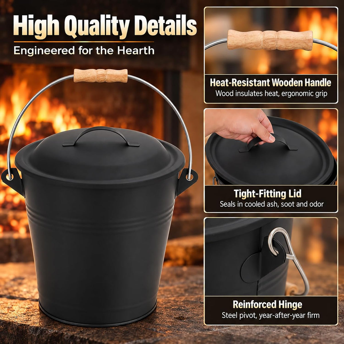 1.5 Gallon Ash Bucket for Fireplace with Lid, Shovel & Hand Brush - Small Heavy Duty Powder-Coated Galvanized Ash Can for Wood Stove, Pellet Stove, Fire Pit & Grill Cleanup Black