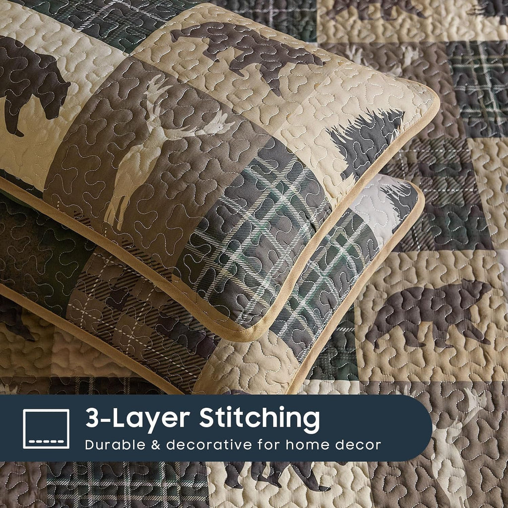 - Rustic Quilt Set, Cabin Lodge Christmas Bear Moose Deer Wildlife Western Patchwork Country, Reversible Lightweight Bedspread Coverlet, 3 Pieces, Green Brown, Queen/Full Size