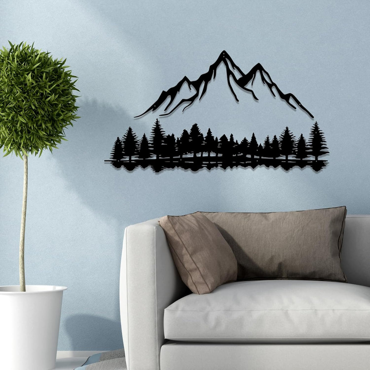 Metal Mountain Scene Wall Decor, Forest Line Drawing Art Sculpture