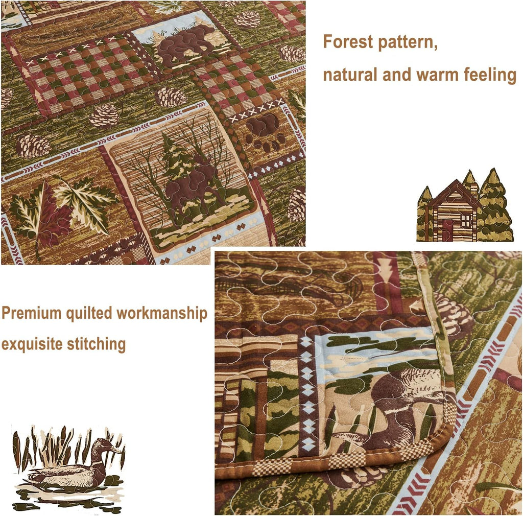 Lodge Bedspread Queen Size, Rustic Cabin Quilt Sets Moose Bear Bedspread Coverlet Patchwork Plaid Bedcover Reversible Wildlife Printed Quilted Bed Set Brown Bed Cover Country Decor(90"X 90")