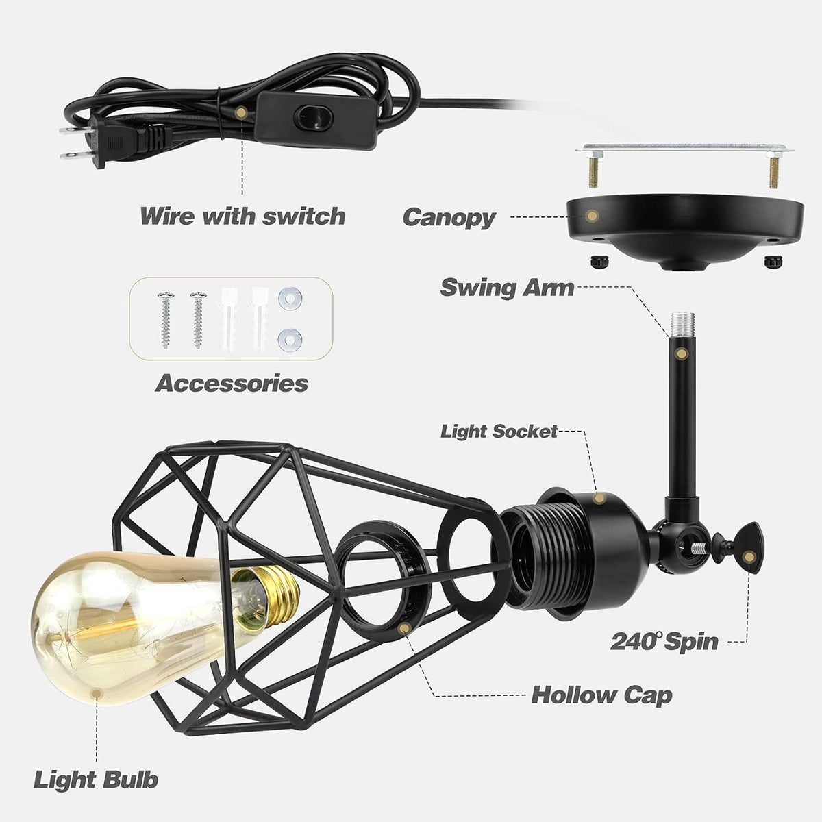 Plug in Wall Sconce, Wire Cage, Industrial Wall Lamp with Plug in Cord, Rustic Sconce Fixture, On/Off Switch Vintage Wall Light Fixture for Headboard Bedroom Porch-2 Pack