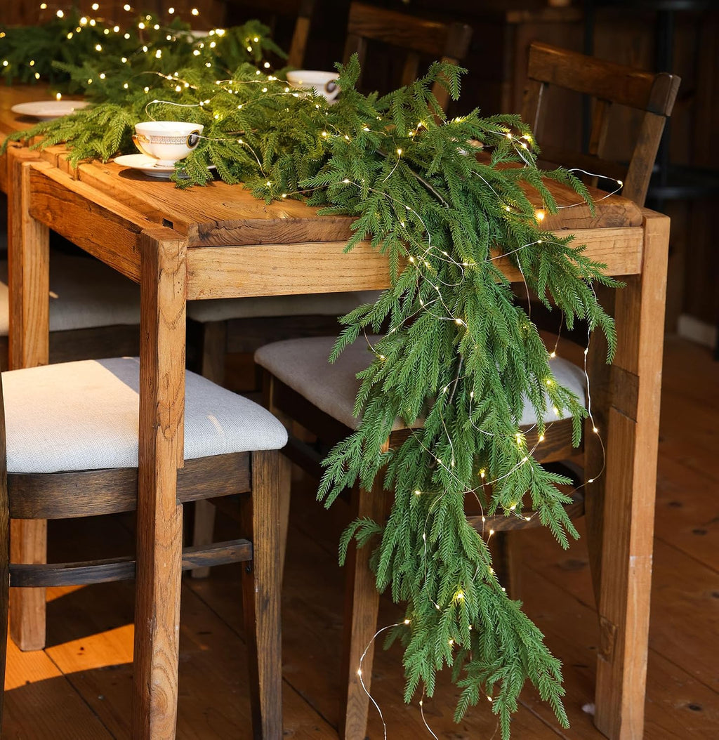 Christmas Garland with Lights, Real Touch Winter Pine Garland, Green Artificial Greenery Garland for Table, Mantle, Wall, Indoor, Outdoor Christmas Decorations