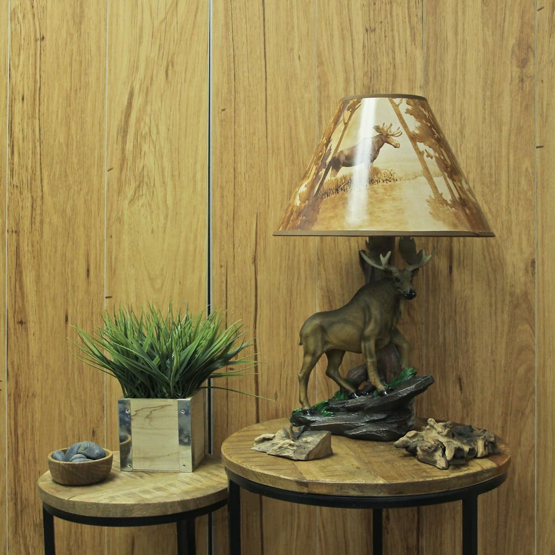 North American Bull Moose Table Lamp with a 12-Inch Diameter Forest Print Shade- Wildlife Decor - Perfect for Living Rooms, Cabins, and Bedrooms - 20 Inches Tall