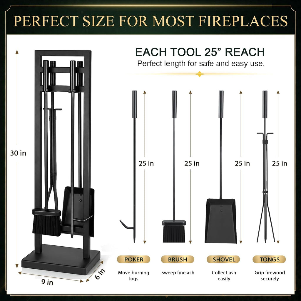 5-Piece Fireplace Tool Set, 30" One-Piece Stand, 10Mm Solid