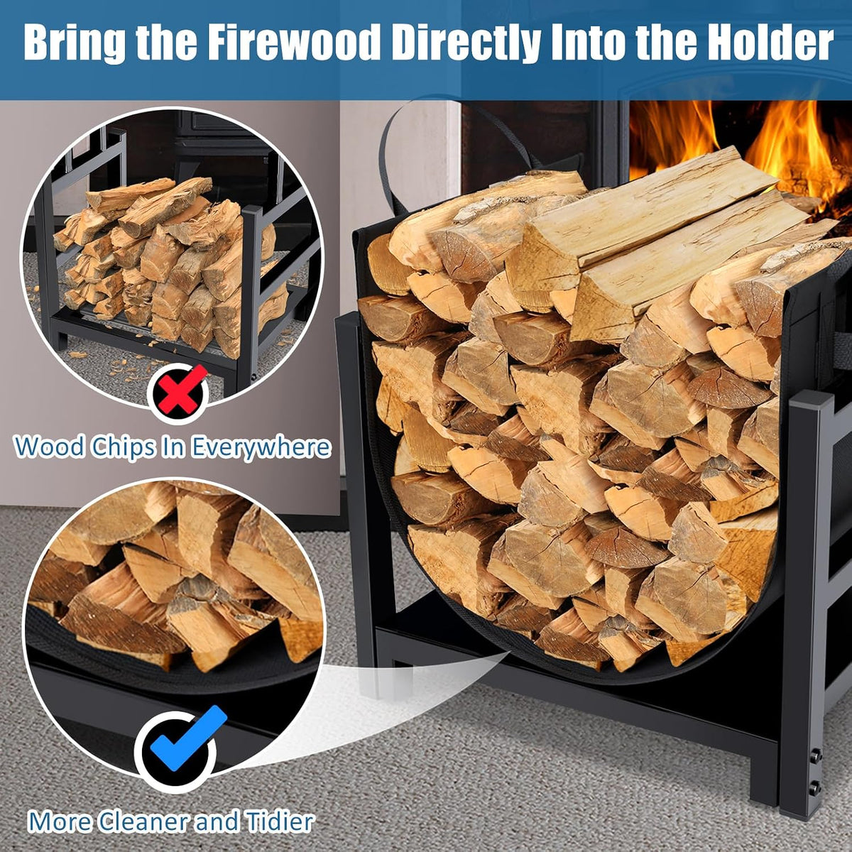 Firewood Rack Log Holder Indoor with Wood Carrier, Powder-Coated Steel Made, Up-Loaded to 110Lb, 18Inch(L) X 13Inch(W) X 17Inch(H)