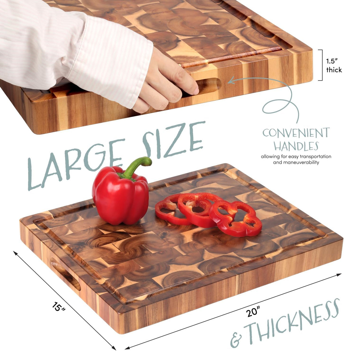 XL Acacia End Grain Wood Cutting Board (20X15X1.5In) Acacia Wooden Cutting Board, Butcher Block, Chopping Board - Reversible Multipurpose for Kitchen with Juice Groove, Cracker Holder & Inner Handles.