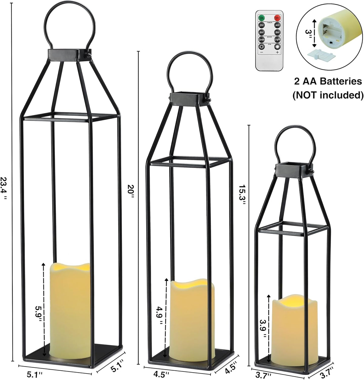 Set of 3 Black Metal Lanterns W/ Waterproof Flickering Flameless Candle & Remote Timer, Modern Farmhouse Lanterns Decorative for Outdoor, Front Porch, Indoor, Patio, Garden, Fireplace