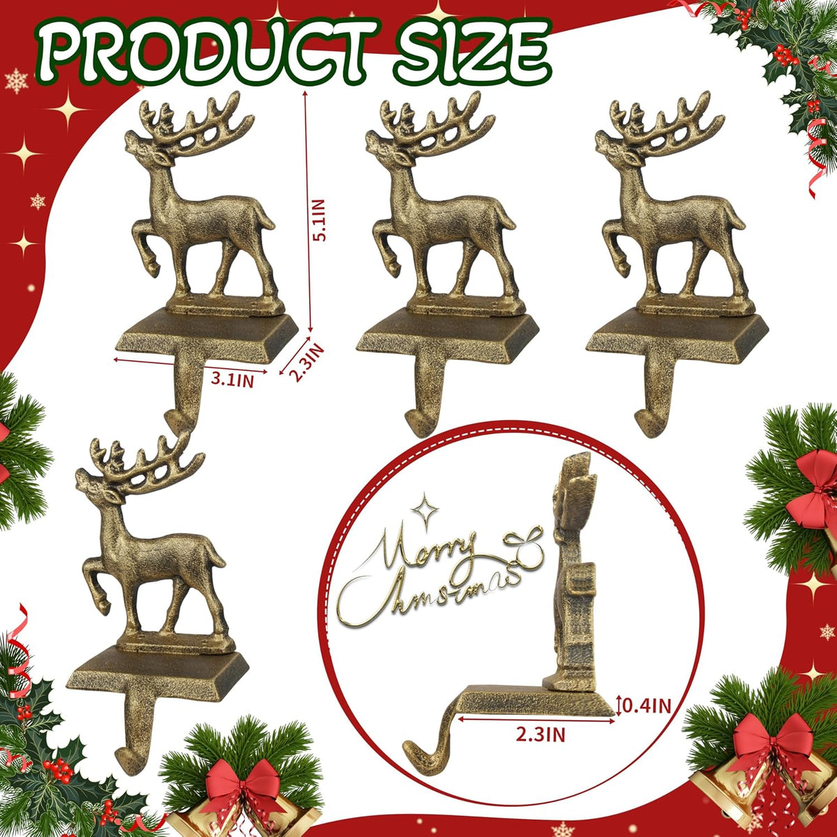 4Pcs Stocking Holders, Reindeer Pattern Metal Mantel Hooks, Anti-Slip Heavy Duty Solid Cast Iron Mantle Hangers Xmas Décor for Fireplace Holiday Indoor Decoration