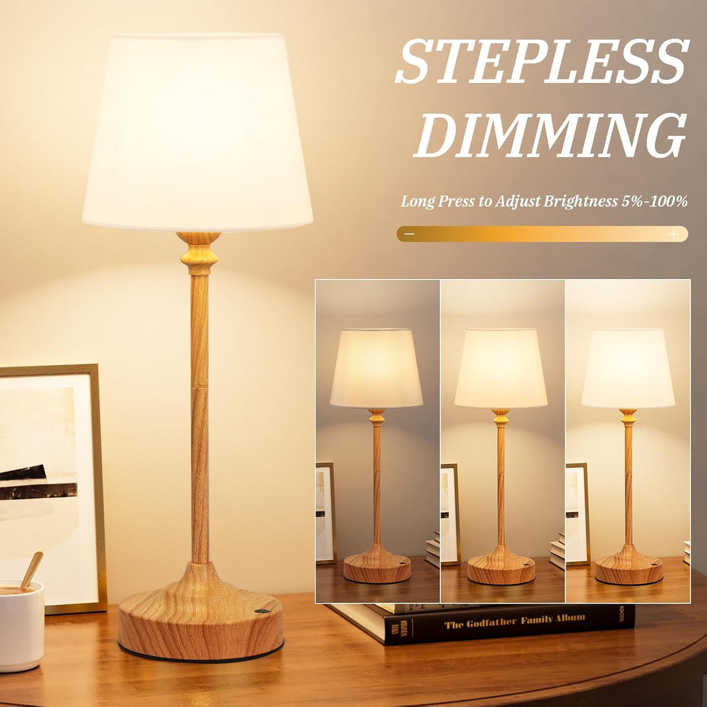 Cordless Table Lamps Rechargeable Set - 2 Pack Wooden 4000Mah Battery Operated Lamps for Decor, 3000K Stepless Dimming Touch Control Wireless Lamps for Bedroom, Dining Table