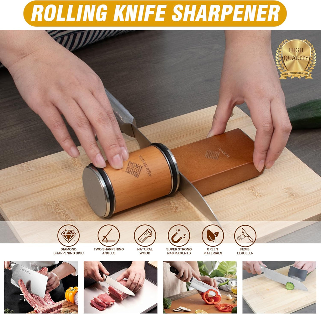 Rolling Knife Sharpener with Magnetic Angle Guide (15°/20°)