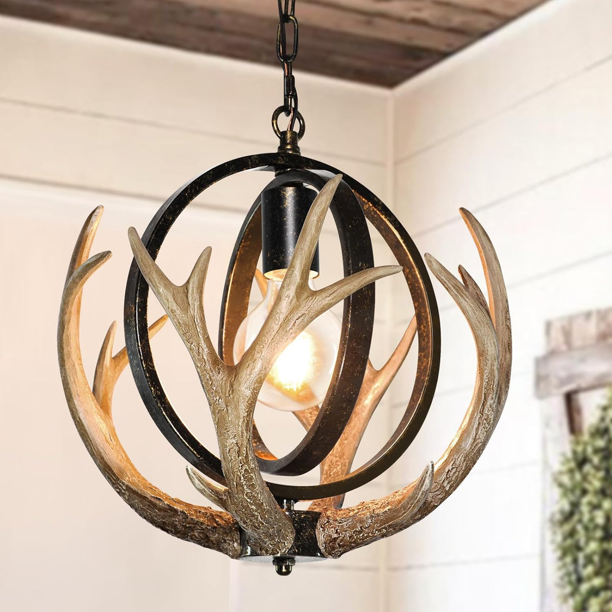 Rustic Antler Chandelier with Resin 4 Antlers for Dining Room