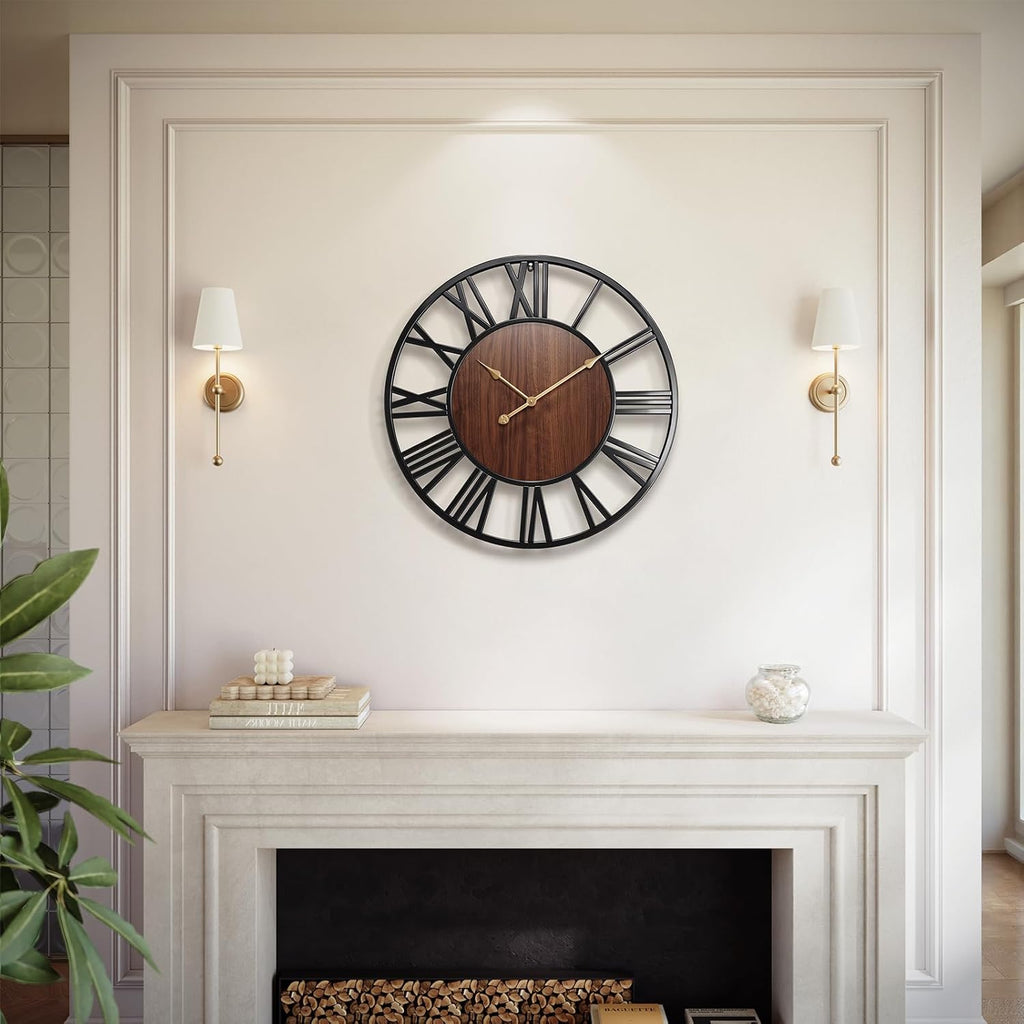 24 Inch Large Wall Clock, Roman Numeral Wood Oversized Wall Clock