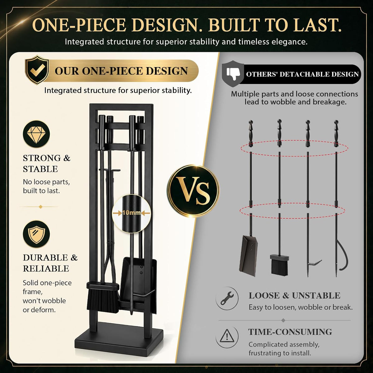 5-Piece Fireplace Tool Set, 30" One-Piece Stand, 10Mm Solid