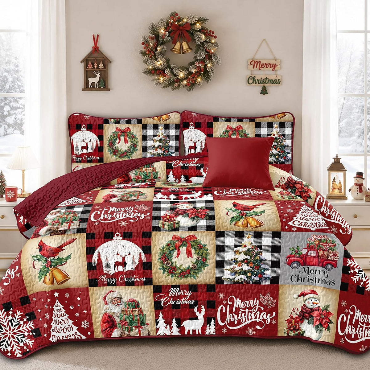Christmas Quilt Set Queen Size, Red Black Buffalo Plaid Bedspread Coverlet