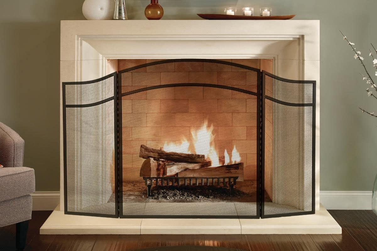 Lizh Metalwork 3 Panels Fireplace Screen with Arch Frame Simple Design 48"(L) X 29"(H),Black