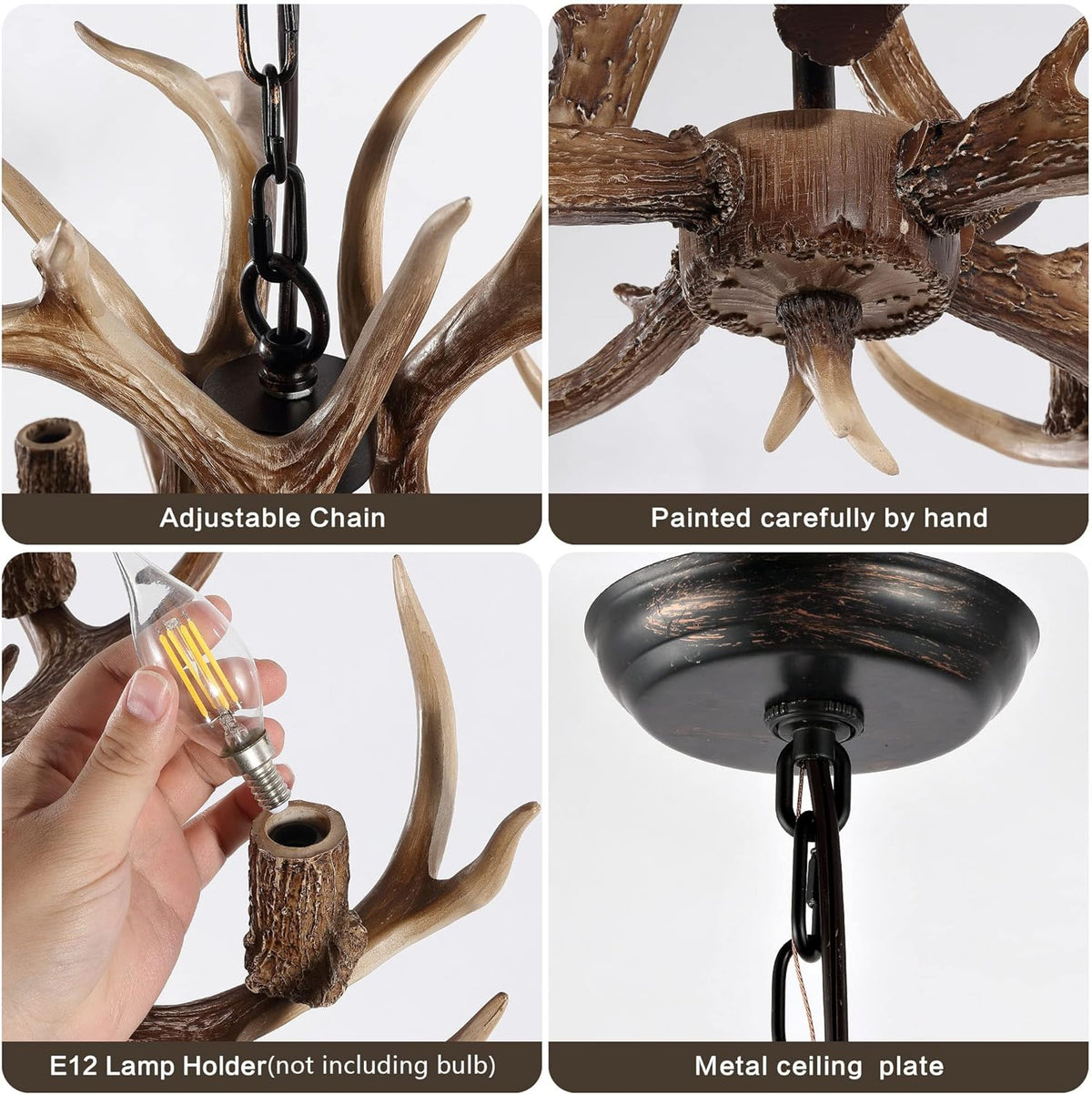 4-Light Brown Antler Chandelier Rustic Farmhouse Light Fixture