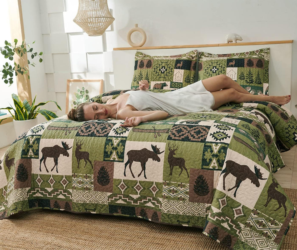Rustic Quilt Set Queen Size Country Patchwork Quilt Bedding Home Lightweight Reversible Bedspread Rustic Bear Bedding Cabin Moose Forest Animal Coverlet
