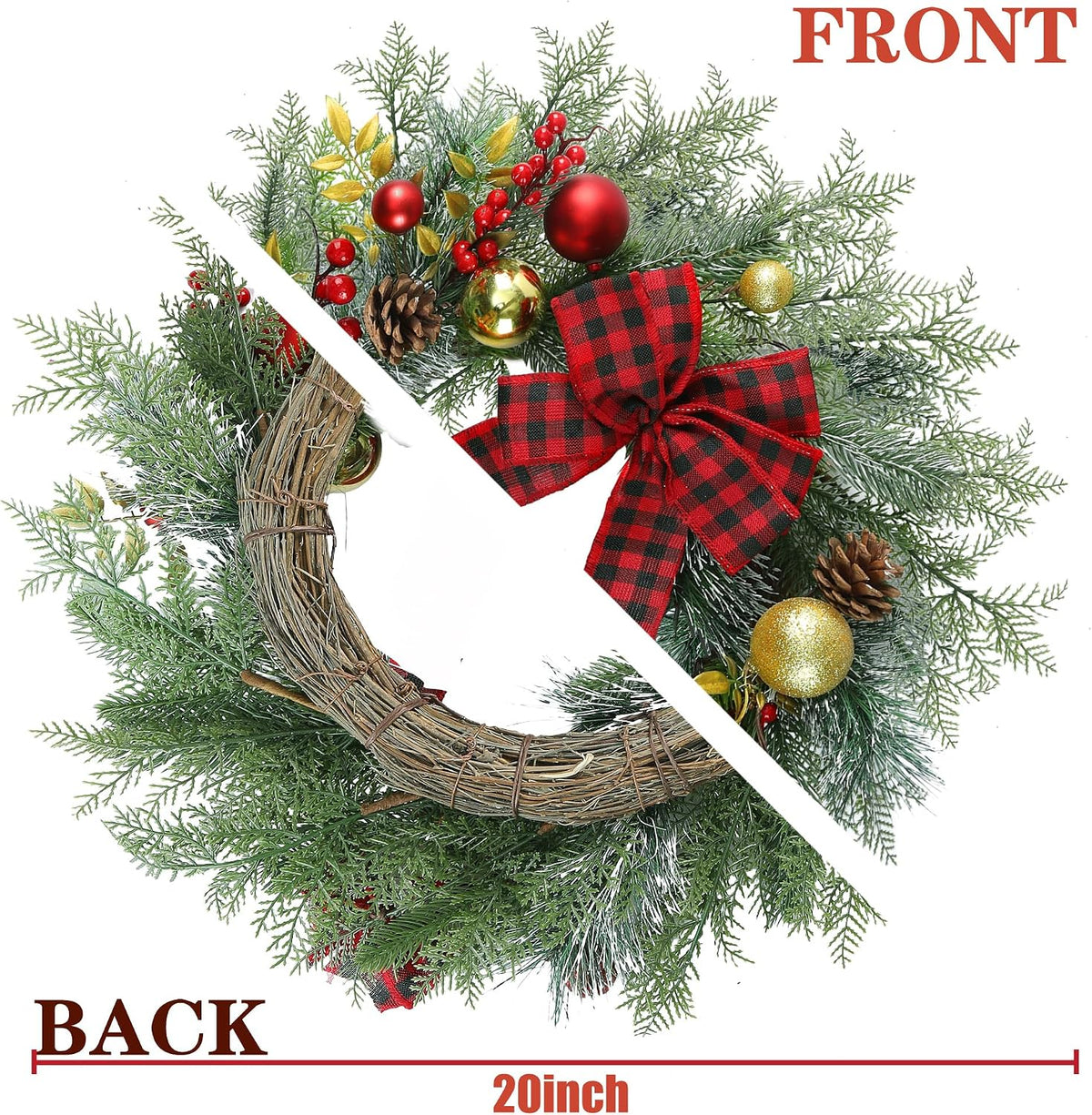 20 Inch Artificial Christmas Wreath for Front Door with Pine Needles Red Berries Pine Cones Buffalo Plaid Bow Christmas Ball Decorations for Winter Wall Outdoor Home Holiday Xmas Decor