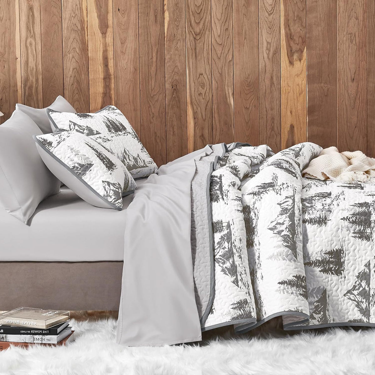 - Rustic Quilt Set, Cabin Forest Woodland Camping Theme with Lodge Mountain Print, Reversible Lightweight Bedspread Coverlet, 3 Pieces, Grey White, Queen/Full Size