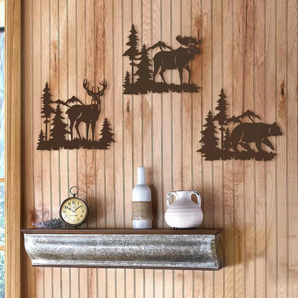 Set of 3 Brown Metal Deer Bear Moose Pine Tree Wall Decor 9.3 Inch, Rustic Cabin Indoor Outdoor Hanging Ornament