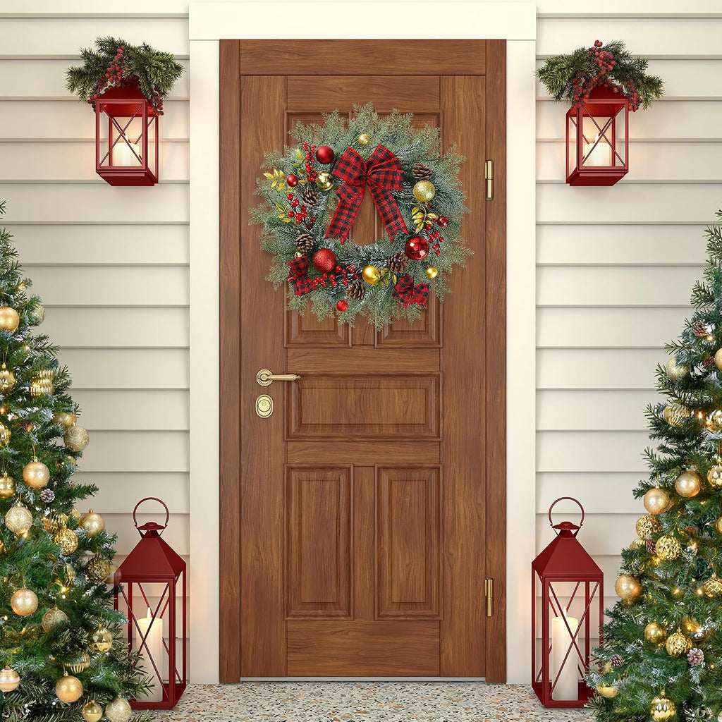 20 Inch Artificial Christmas Wreath for Front Door with Pine Needles Red Berries Pine Cones Buffalo Plaid Bow Christmas Ball Decorations for Winter Wall Outdoor Home Holiday Xmas Decor