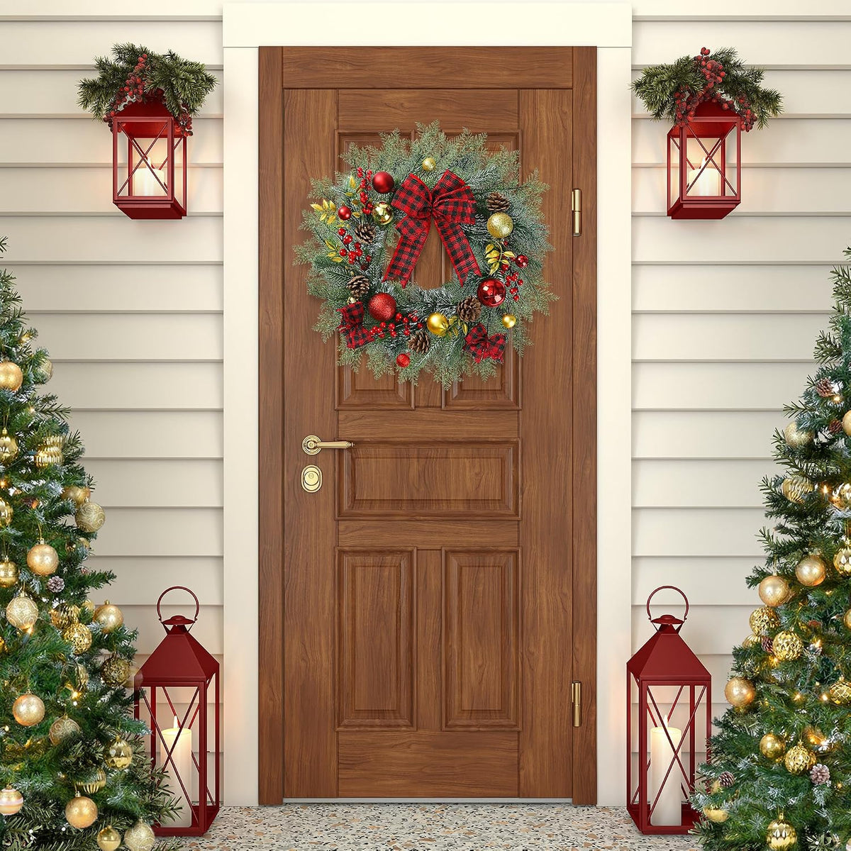 20 Inch Artificial Christmas Wreath for Front Door with Pine Needles Red Berries Pine Cones Buffalo Plaid Bow Christmas Ball Decorations for Winter Wall Outdoor Home Holiday Xmas Decor
