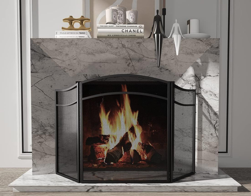Lizh Metalwork 3 Panels Fireplace Screen with Arch Frame Simple Design 48"(L) X 29"(H),Black