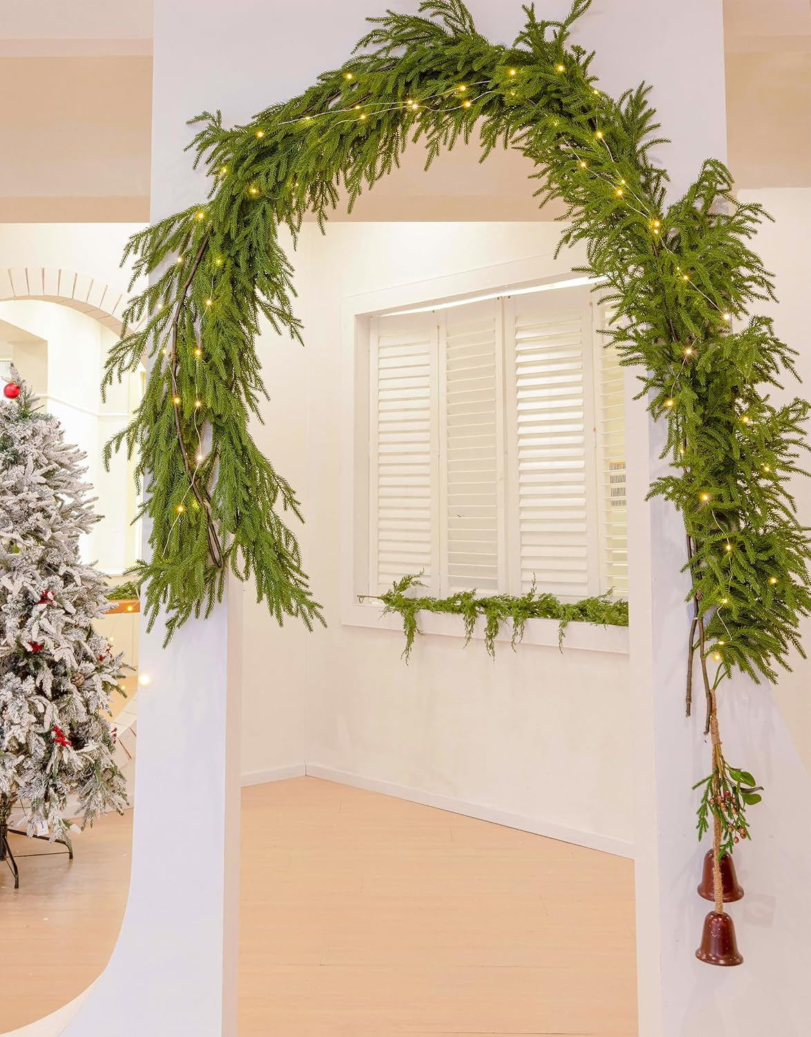 Christmas Garland with Lights, Real Touch Winter Pine Garland, Green Artificial Greenery Garland for Table, Mantle, Wall, Indoor, Outdoor Christmas Decorations