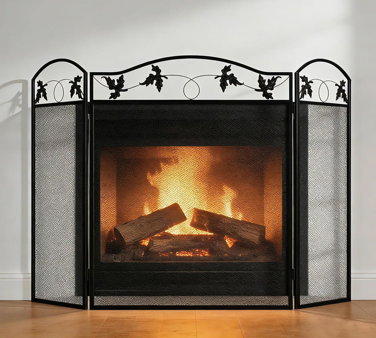 3-Panel Foldable Fireplace Screen, Black Steel Leaf Spark Guard