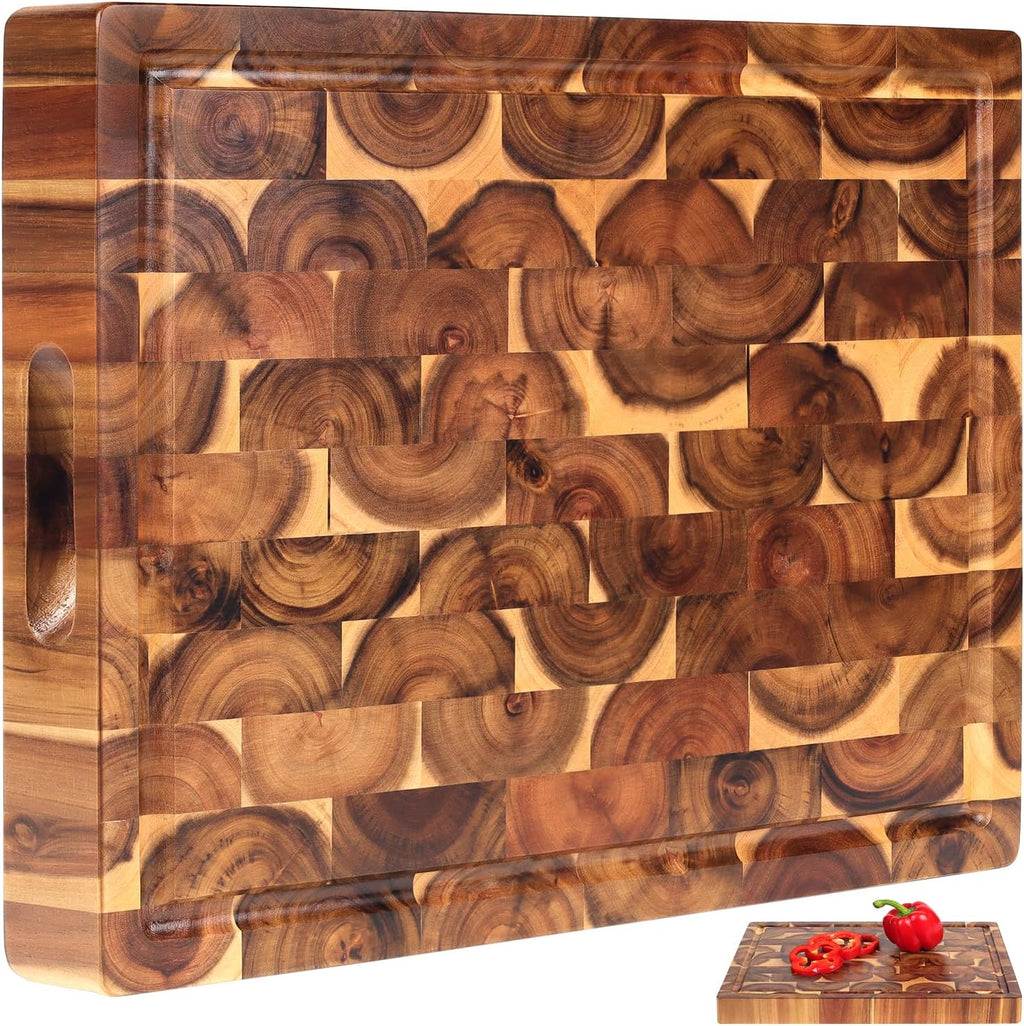 XL Acacia End Grain Wood Cutting Board (20X15X1.5In) Acacia Wooden Cutting Board, Butcher Block, Chopping Board - Reversible Multipurpose for Kitchen with Juice Groove, Cracker Holder & Inner Handles.