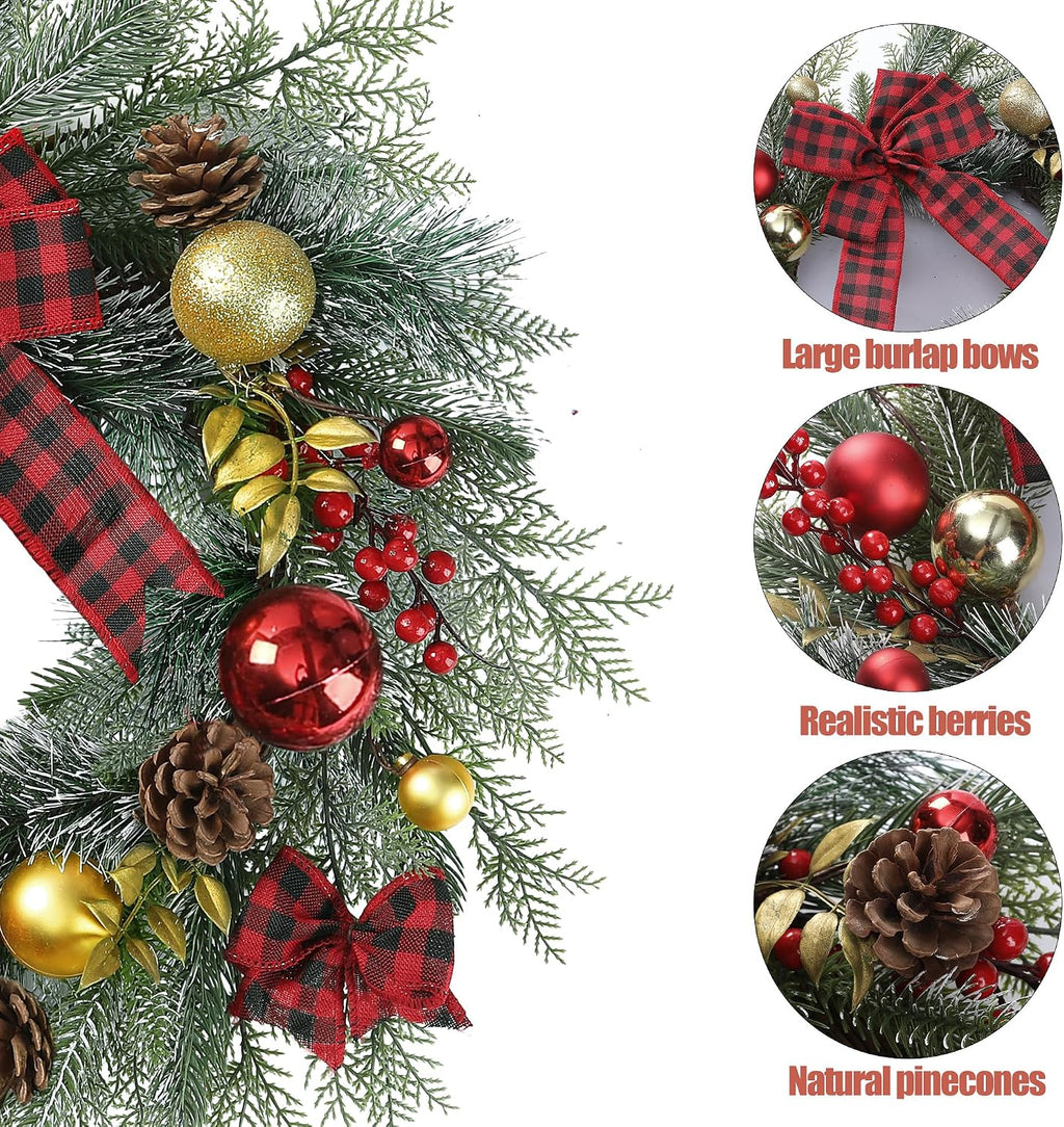 20 Inch Artificial Christmas Wreath for Front Door with Pine Needles Red Berries Pine Cones Buffalo Plaid Bow Christmas Ball Decorations for Winter Wall Outdoor Home Holiday Xmas Decor