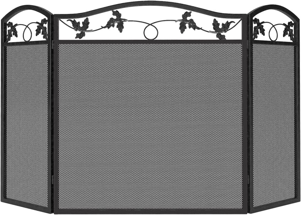 3-Panel Foldable Fireplace Screen, Black Steel Leaf Spark Guard
