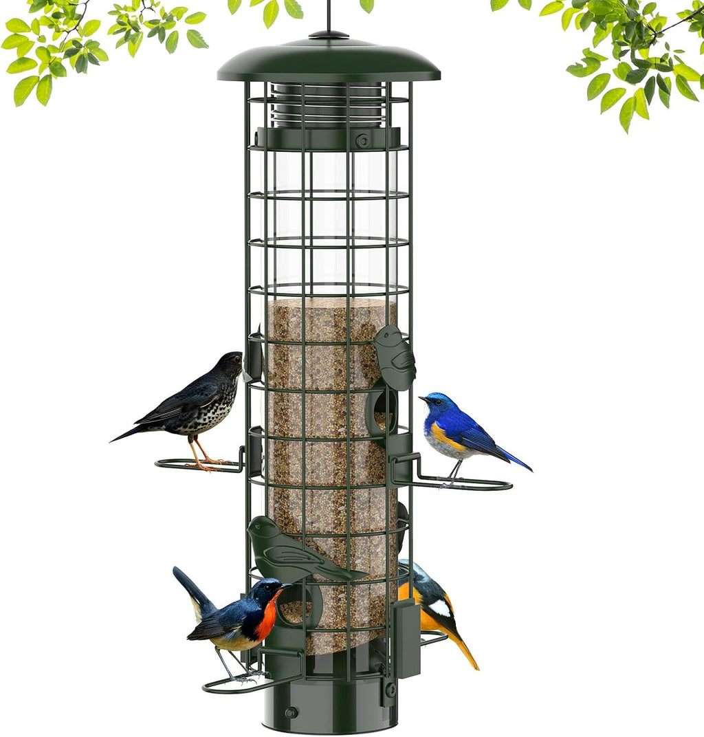 Squirrel Proof Bird Feeder,Metal Mesh Bird Feeders for Outdoors Hanging,Gravity Protection Squirrel Proof Wild Bird Feeders with Finch Cardinal Chickadee,3Lb Large Capacity,Green