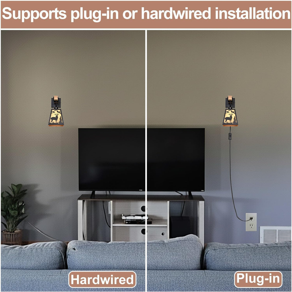 Plug in Wall Sconce,Deer Matte Metal Rustic Wall Sconces,Black Wall Lights,Farmhouse Parchment Paper Shades Wall Sconce Set of Two,Wall Lamps for Bedside,Living Room,Bedroom,Hallway,Bathroom