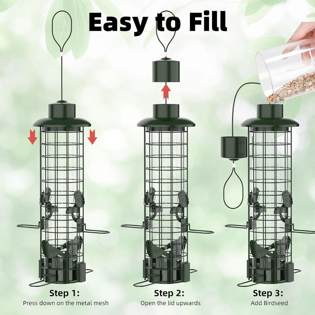 Squirrel Proof Bird Feeder,Metal Mesh Bird Feeders for Outdoors Hanging,Gravity Protection Squirrel Proof Wild Bird Feeders with Finch Cardinal Chickadee,3Lb Large Capacity,Green