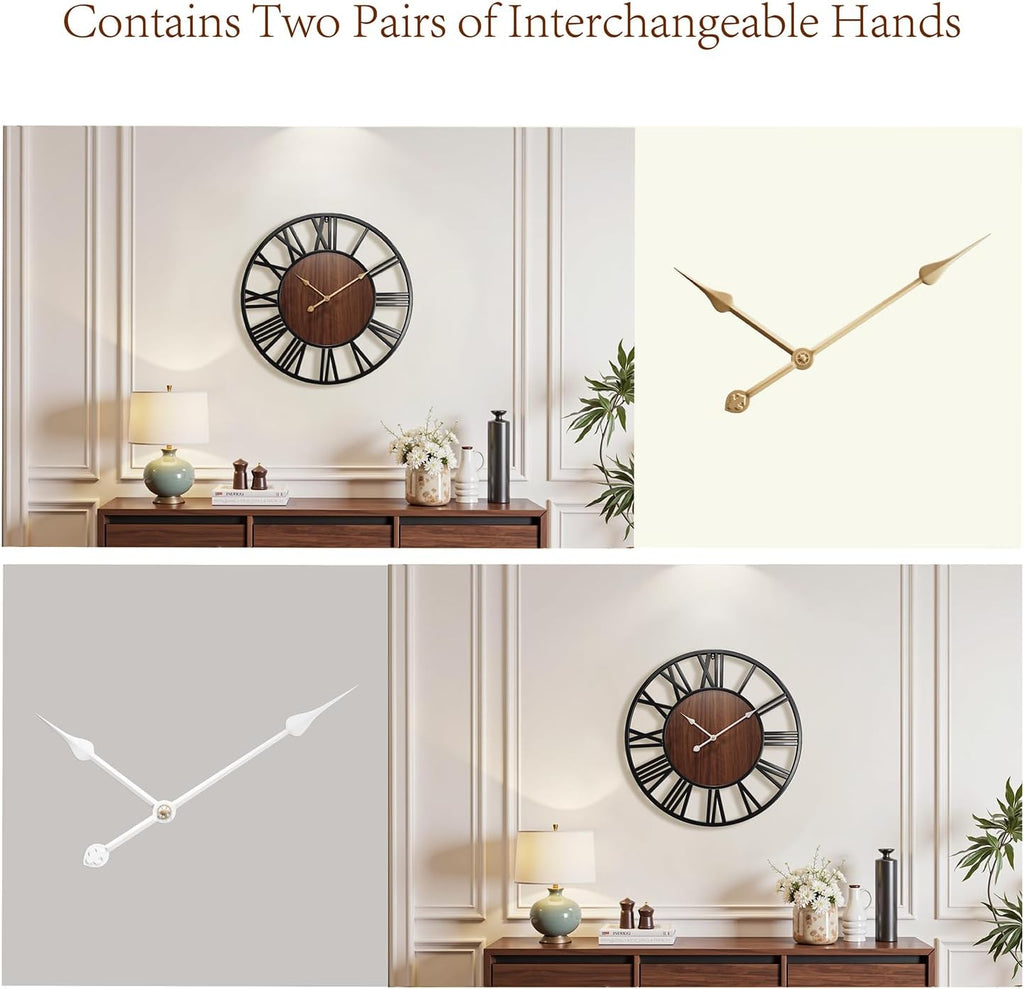 24 Inch Large Wall Clock, Roman Numeral Wood Oversized Wall Clock