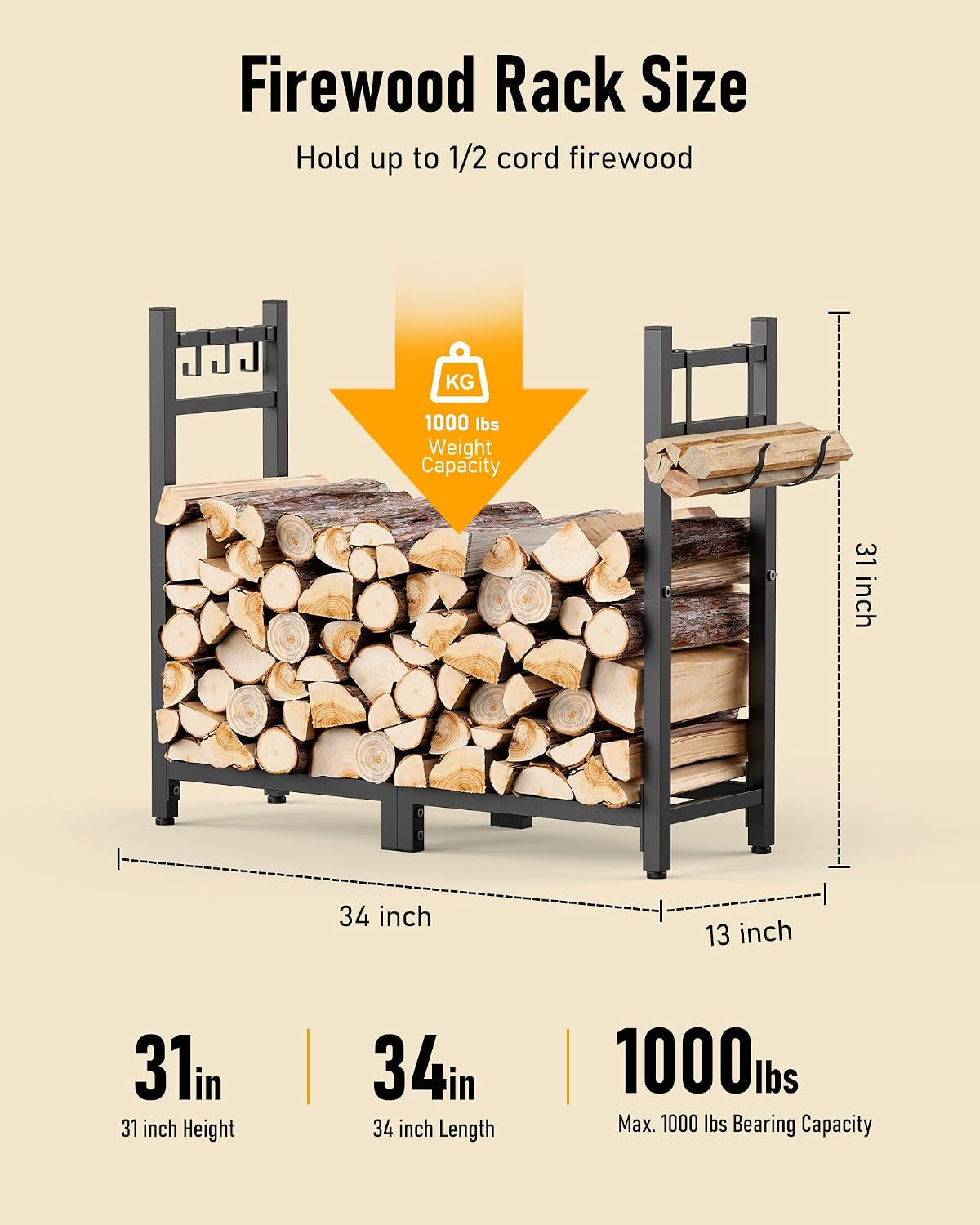 34Inch Firewood Rack Indoor with Log Carrier,Outdoor Wood Rack for Firewood