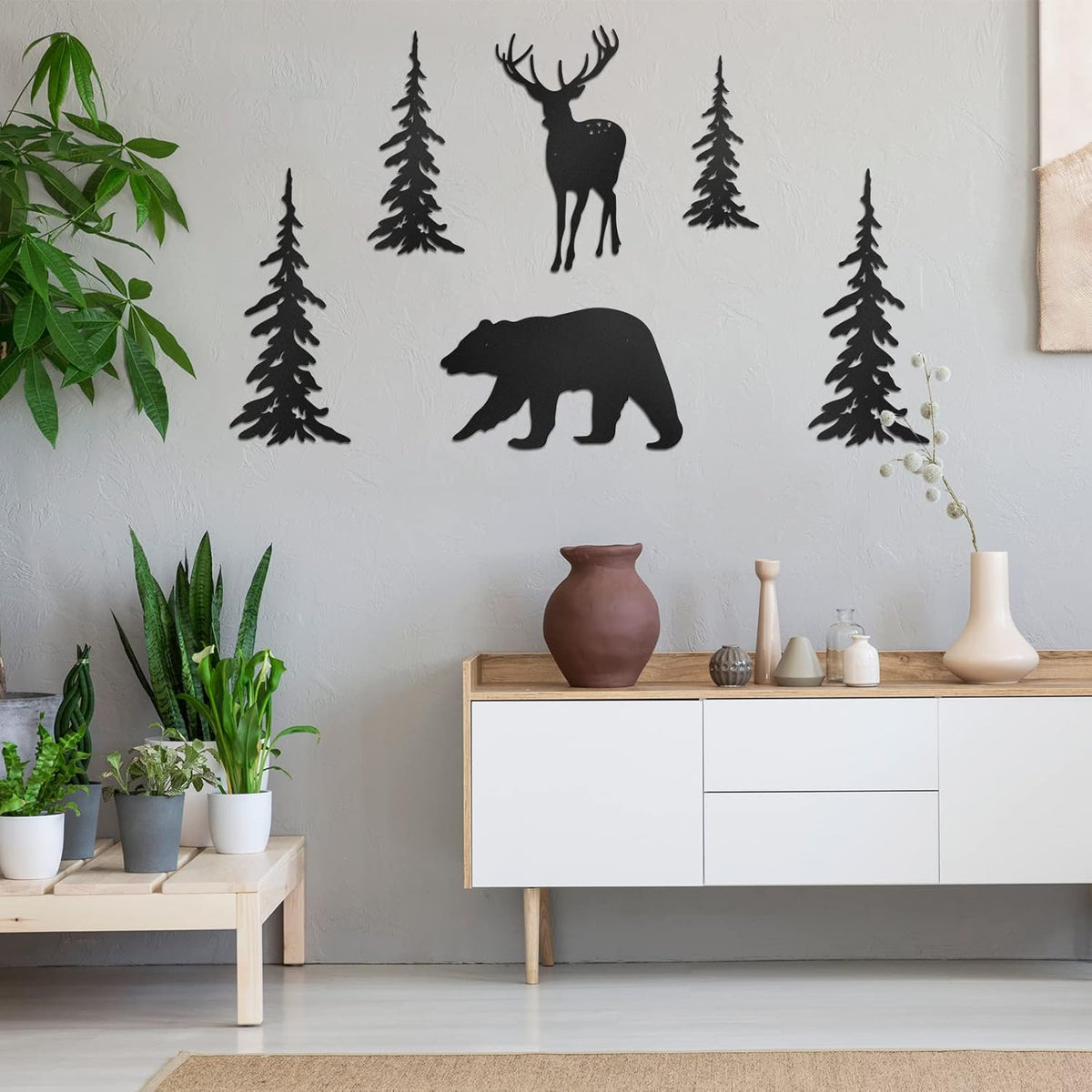 6 Pcs Metal Pine Tree Wall Art, Deer Bear Decor, Black