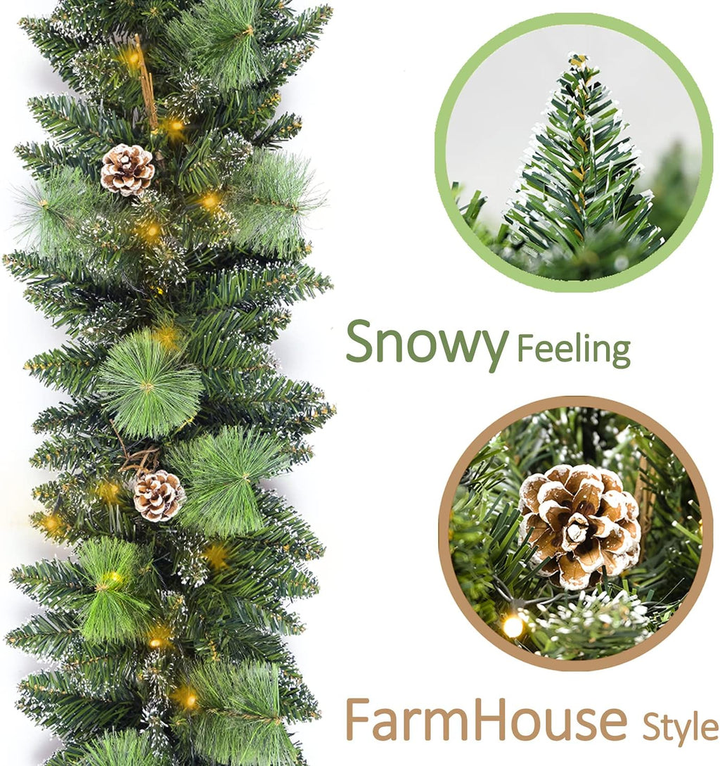 Christmas Garland Prelit 9 Ft with 50 Led Lights, Pine Cone and Snow Style Xmas Garland, Battery Operated Christmas Decor for Mantle Stair Indoor Outdoor