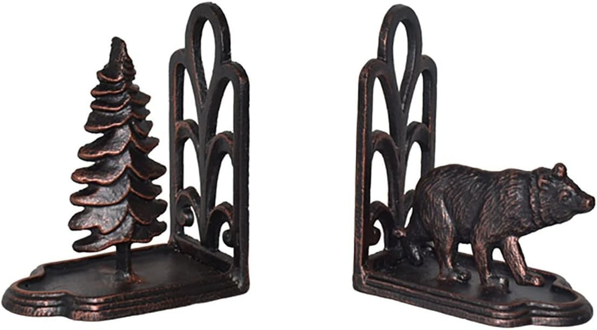 Bear Bookends Decorative, Heavy Duty Cast Iron Bookends for the Shelves, Pine Tree and Bear Statue Book End, Vintage Shelf Decor, Antique Bronze